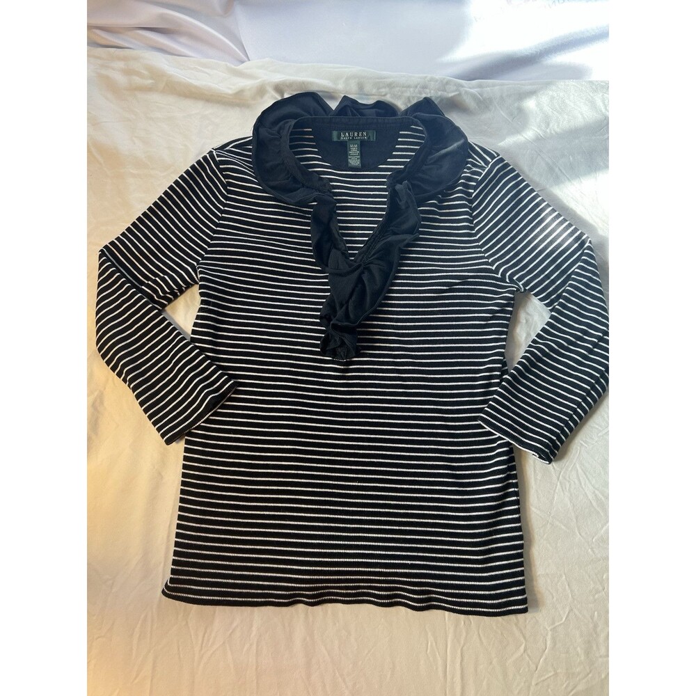 Lauren Ralph Lauren BK & Wht Striped Button Front V-Neck Ruffled Top Size Medium